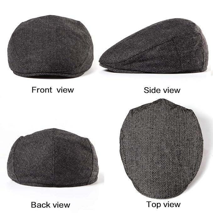 Men Ivy Gatsby Newsboy Cap - Classic Wool Blend Tweed Flat Cap Cabbie Hat Men