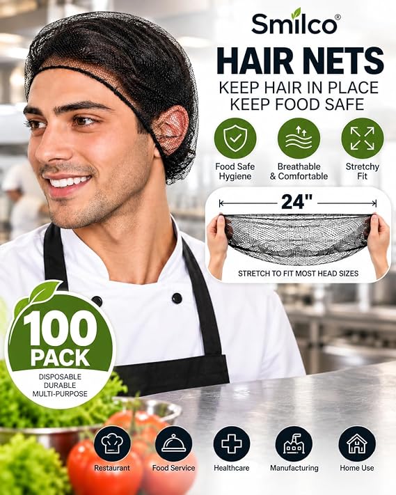 Nylon Hair Net Black 24inch, Durable Hair Nets Food Service. 100Pcs Disposable Hairnets for Sleeping/Equestrian/Commercial/for Women & Men.
