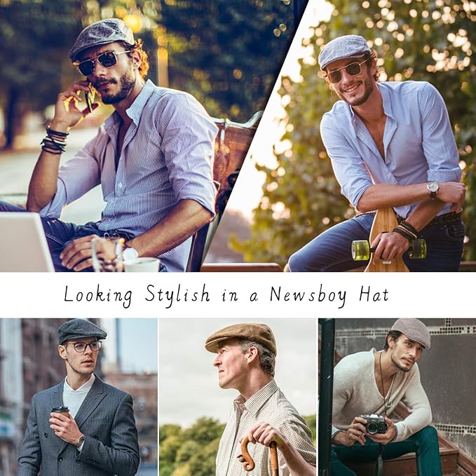 Men Ivy Gatsby Newsboy Cap - Classic Wool Blend Tweed Flat Cap Cabbie Hat Men