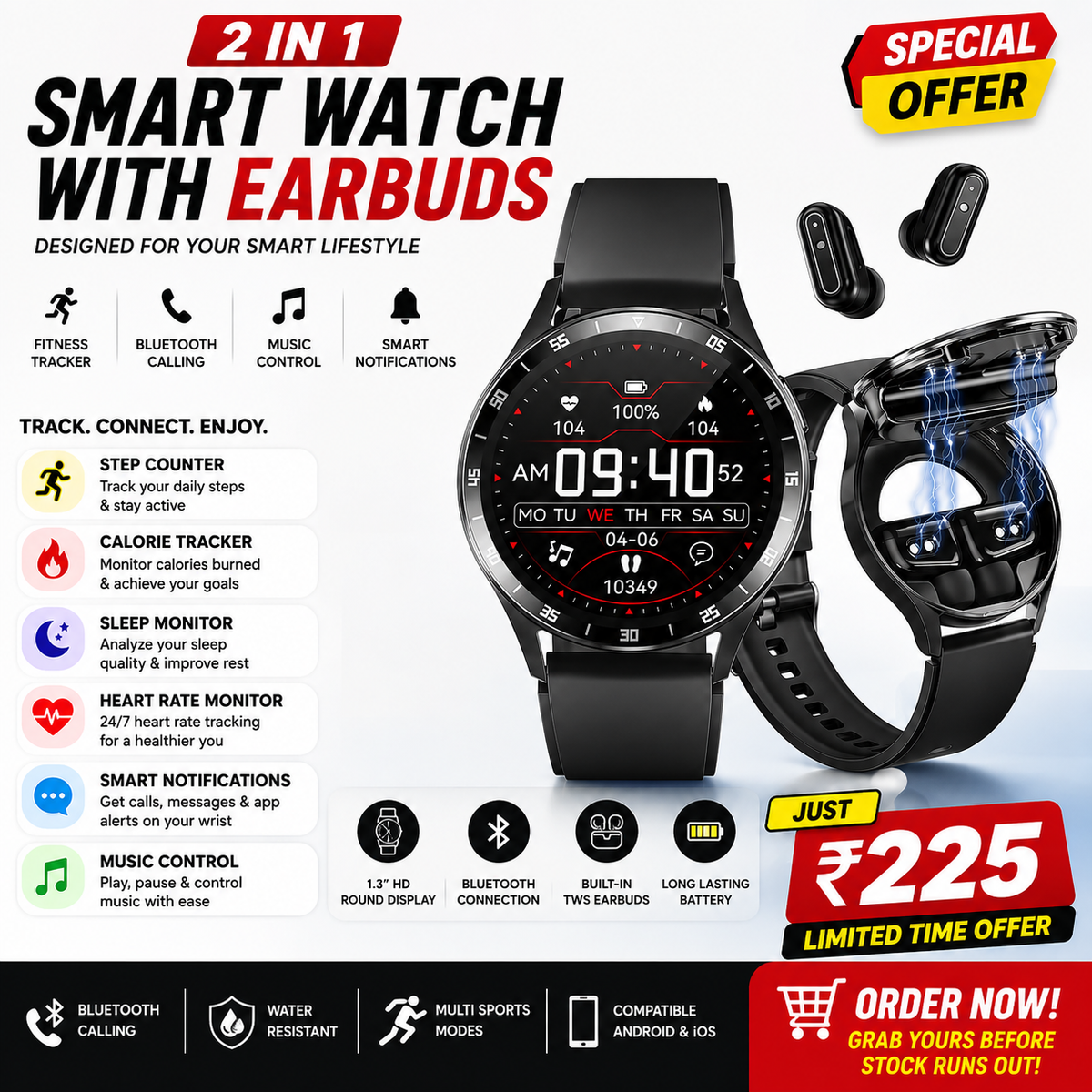 Smart Watch with Earbuds, 1.32 Inch Round Fitness Watch X7, 2 in 1 Bluetooth Watch with Step,Calories,Sleep Monitor,Heart Rate Blood Pressu-re...